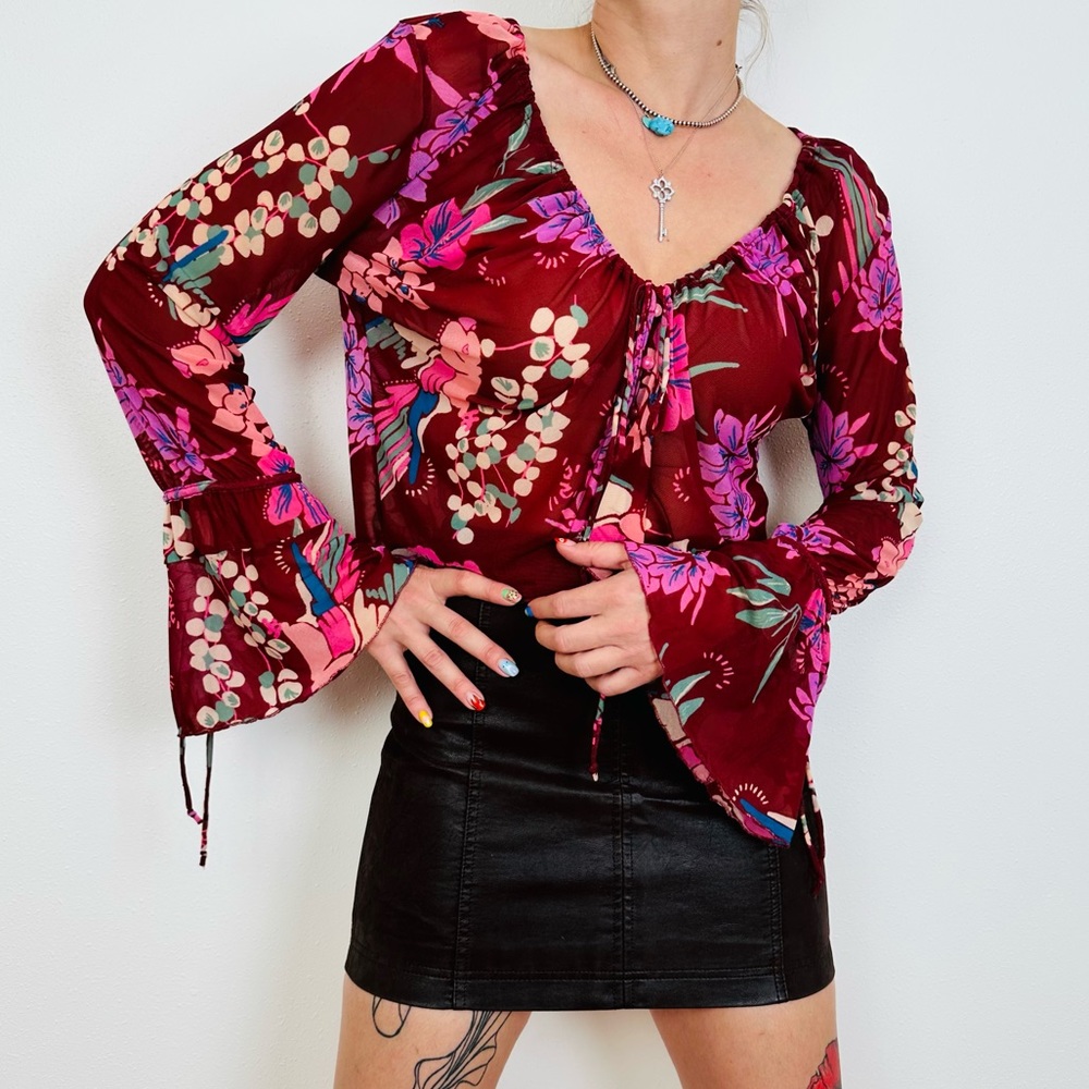 Free People Top Floral Print Of Paradise Tie Front Crop Boho Blouse Burgundy